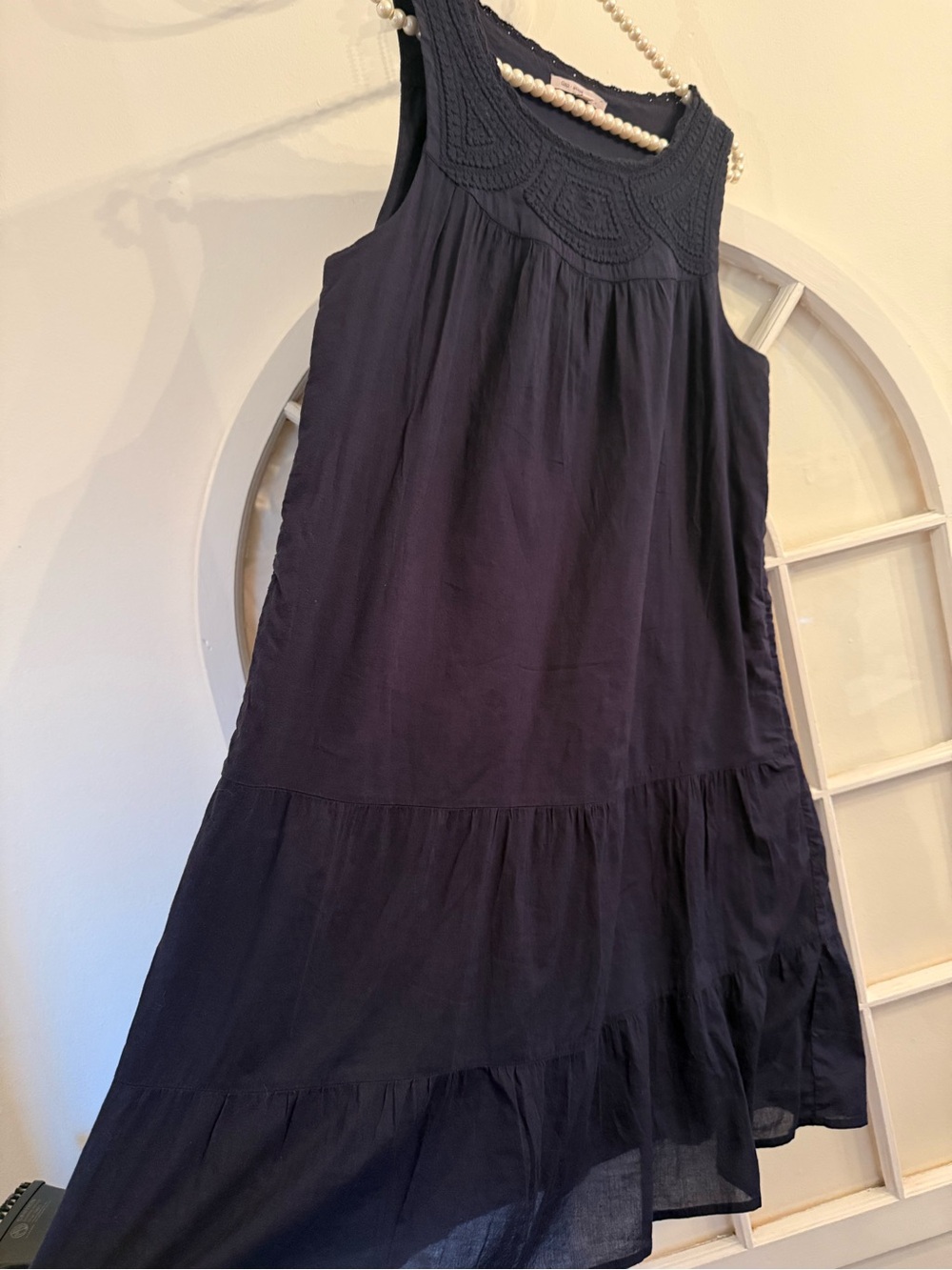 GAP Preppy Navy Blue Cotton Crochet Yoke Tiered Sleeveless Dress Size M Bohemian